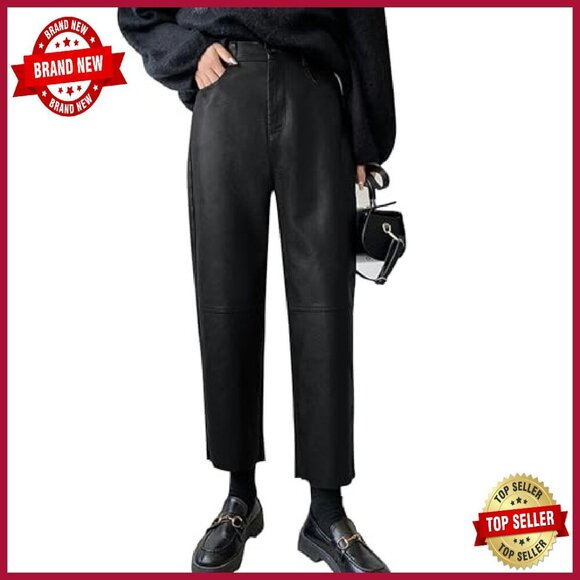 Faux Leather Pants High Waist Straight Leg Ankle Cropped Vegan Pleather - Picture 2 of 7